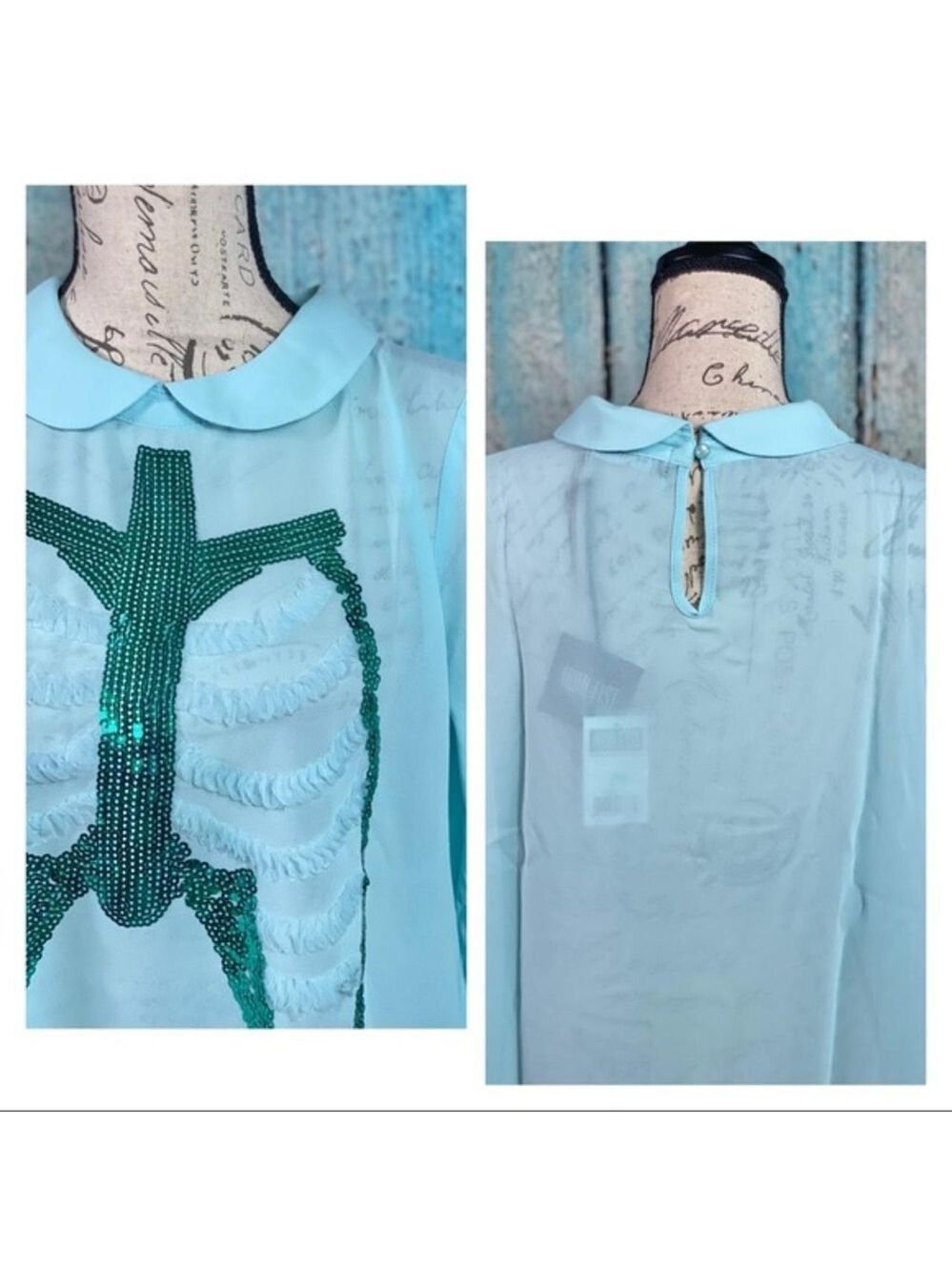 Iron Fist Dead Mermaid Walking Dress Pastel Goth Blue Sequin Rib Cage Pan Collar - Picture 5 of 14